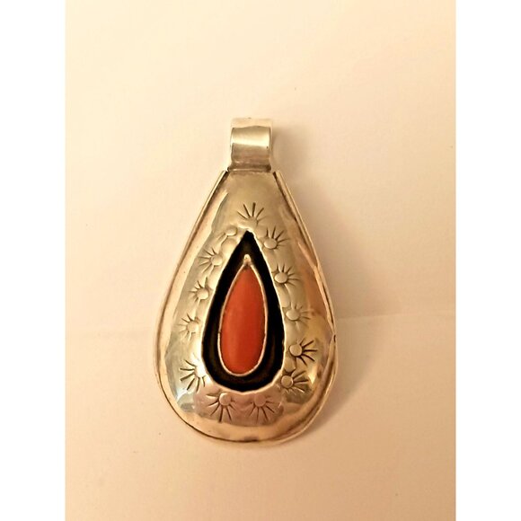 Native American Reversible Turquoise Coral Sterling Pendant (1605) - Picture 2 of 7